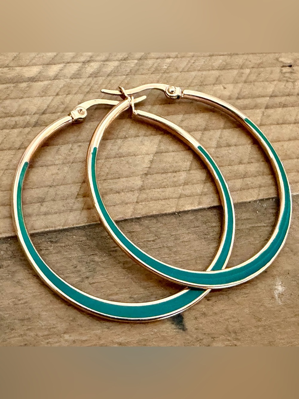 RADIANCE BY ABSOLUTE GOLD TONE & TEAL ENAMEL LARGE HOOP EARRINGS- 1.75” DIAMETER